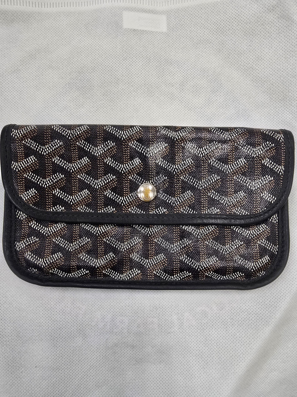 Goyard Black and Brown Chevron-Pattern Clutch with Gold Button